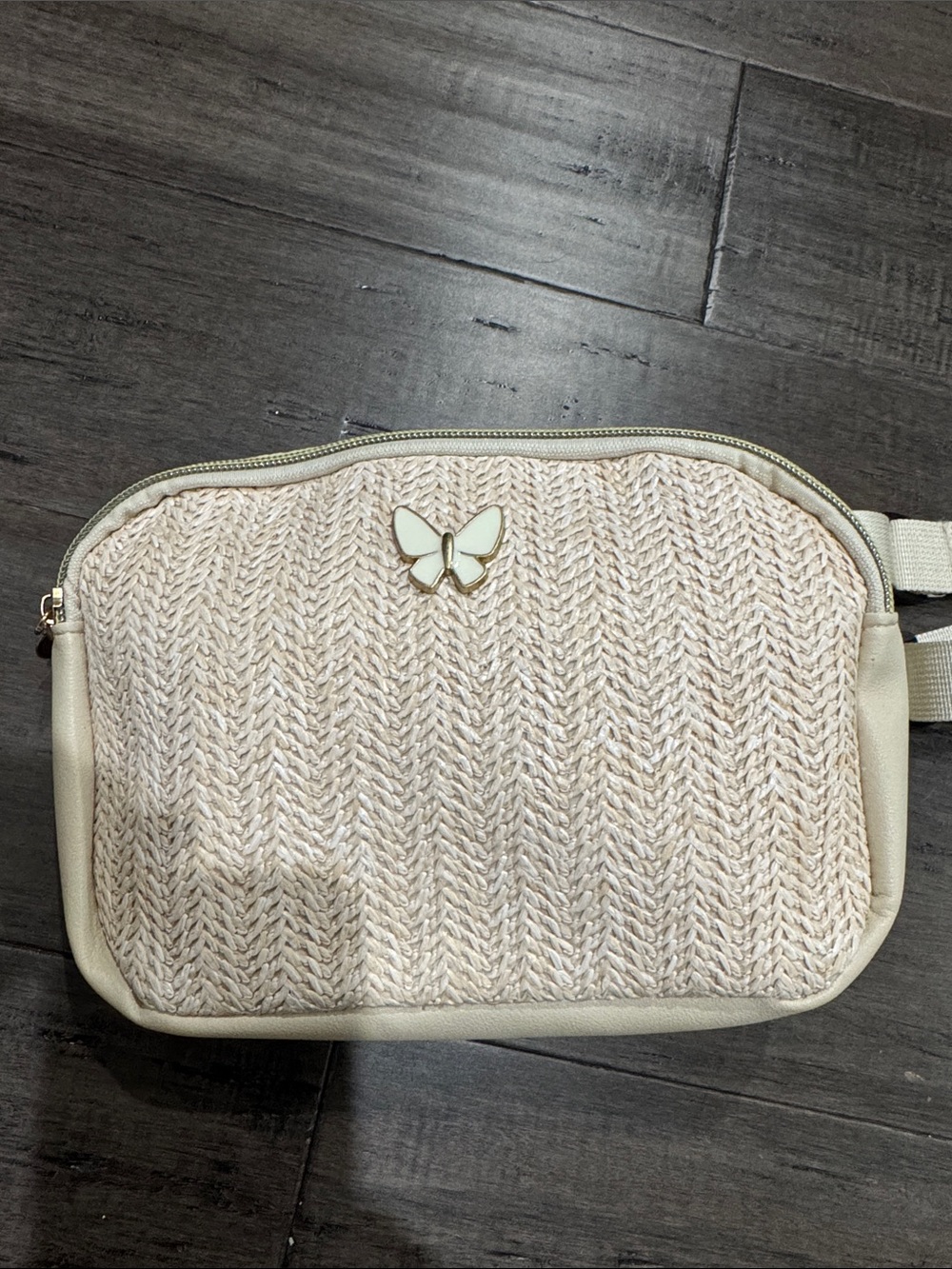 Neutral Cream Woven Crossbody Bag with Butterfly Accent
